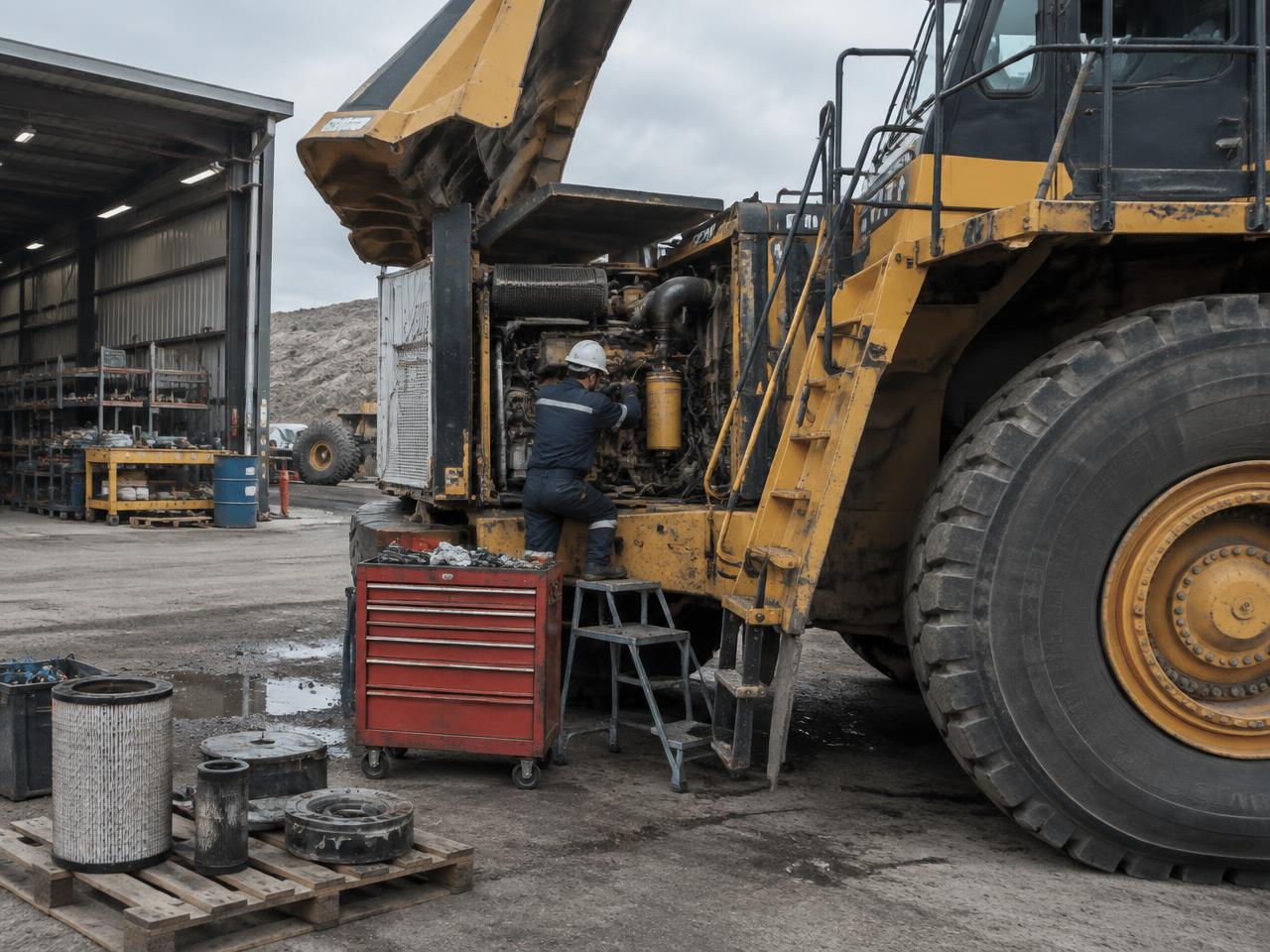 A technician servicing a large mining truck in an equipment workshop